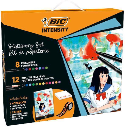BIC INTENSITY MANGA SET DI CANCELLERIA CON PENNE PENNARELLI FOGLIETTI ADESIVI WASHI TAPE E TACCUINO COLORI ASSORTITI